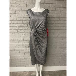 Connected Apparel Lisa Silver Shimmer Sleeveless Faux Wrap Side Ruched Dress 14